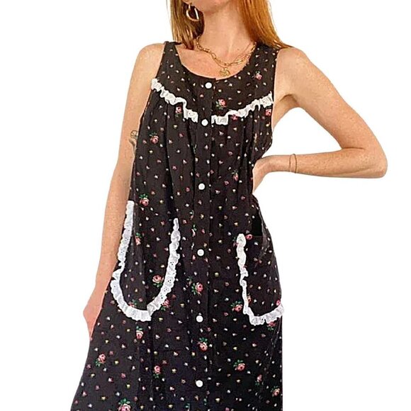 Vintage Black Floral Ruffle Mumu Dress by Willow Creek | Size Medium - Picture 1 of 8